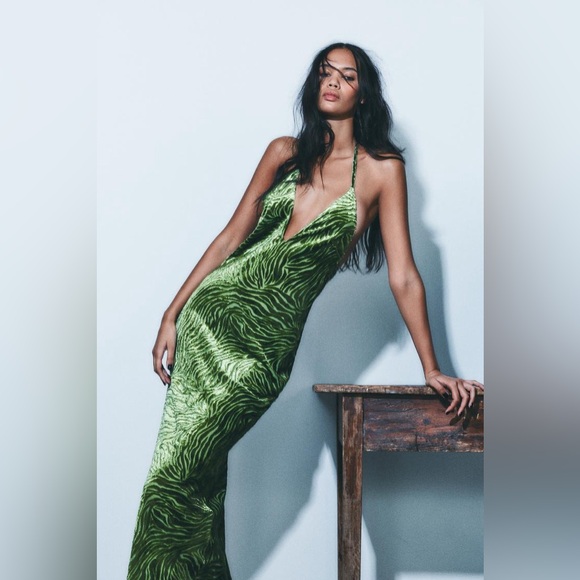 Zara Green Zebra Print velvet halter Dress - Picture 4 of 11
